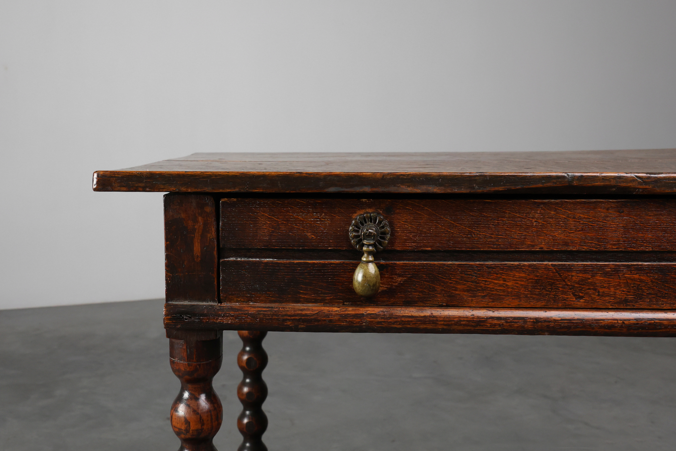 18th Century English Bobbin-Turned Oak Side Table with Bronze Hardware, James II Periodthumbnail